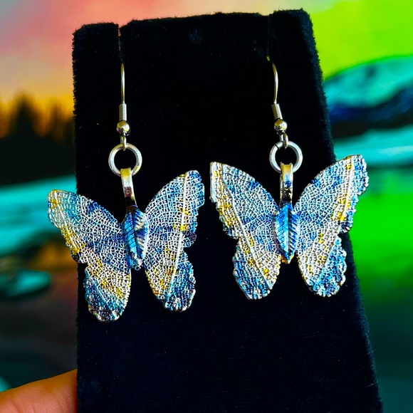 Silverskylight Jewelry - Dangly blue yellow butterfly earrings stainless steel post allergy free boho